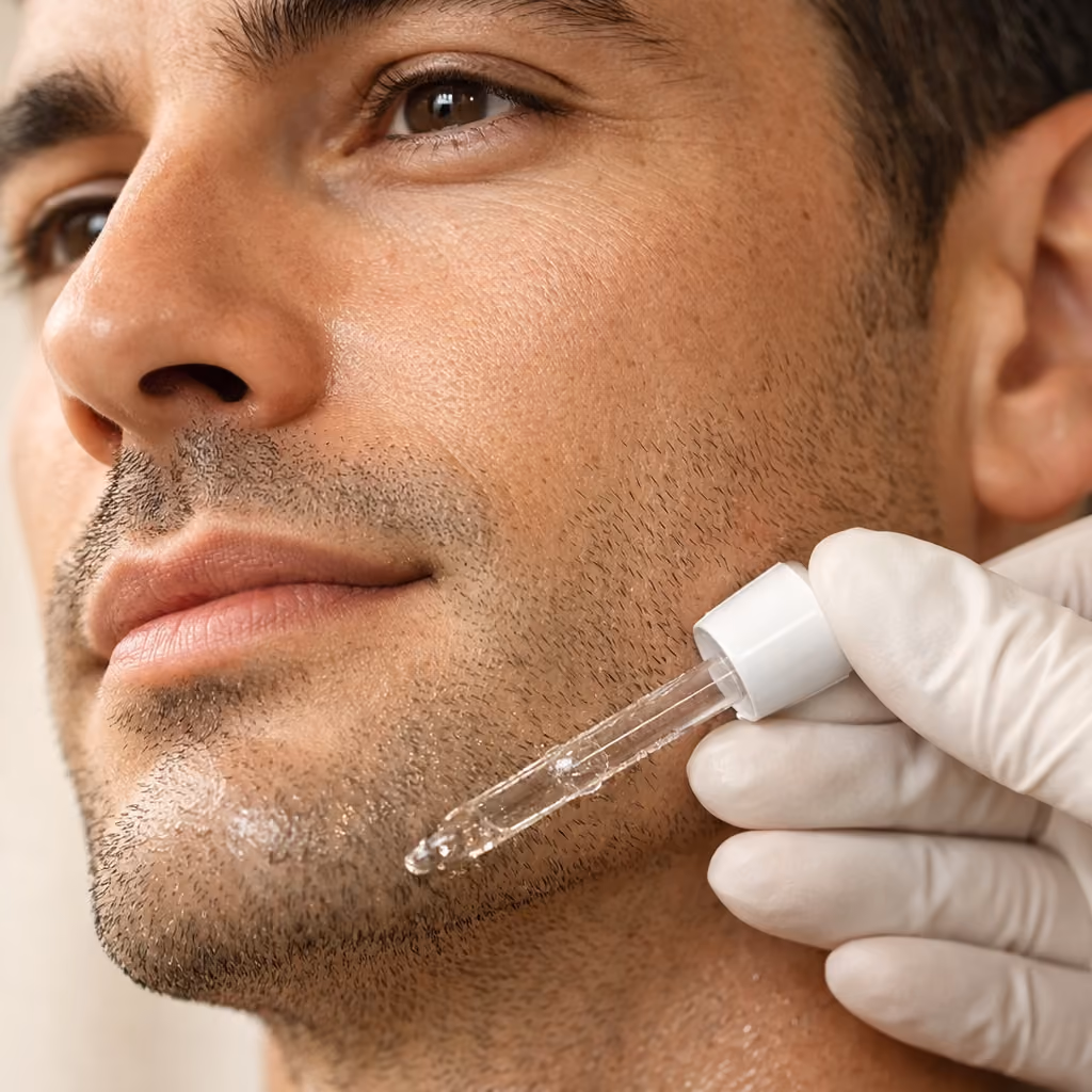 Mann erhält ein klares Serum mit der Pipette am Kinn appliziert
