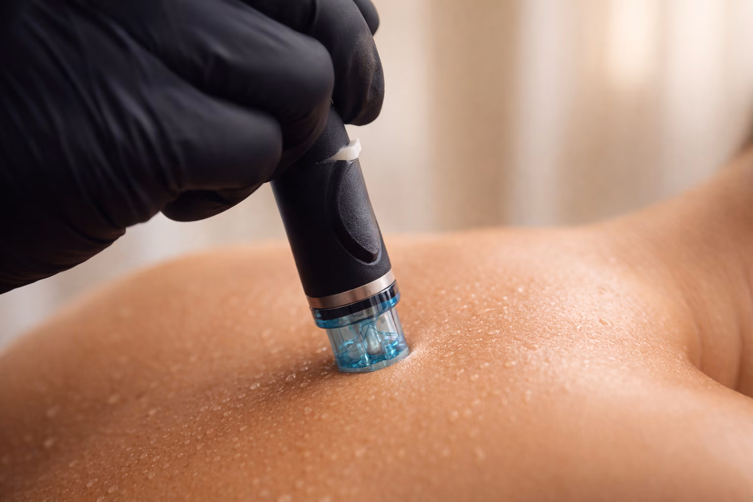 Behandlerin mit schwarzen Handschuhen führt ein Microneedling-Gerät auf der Rückenpartie durch