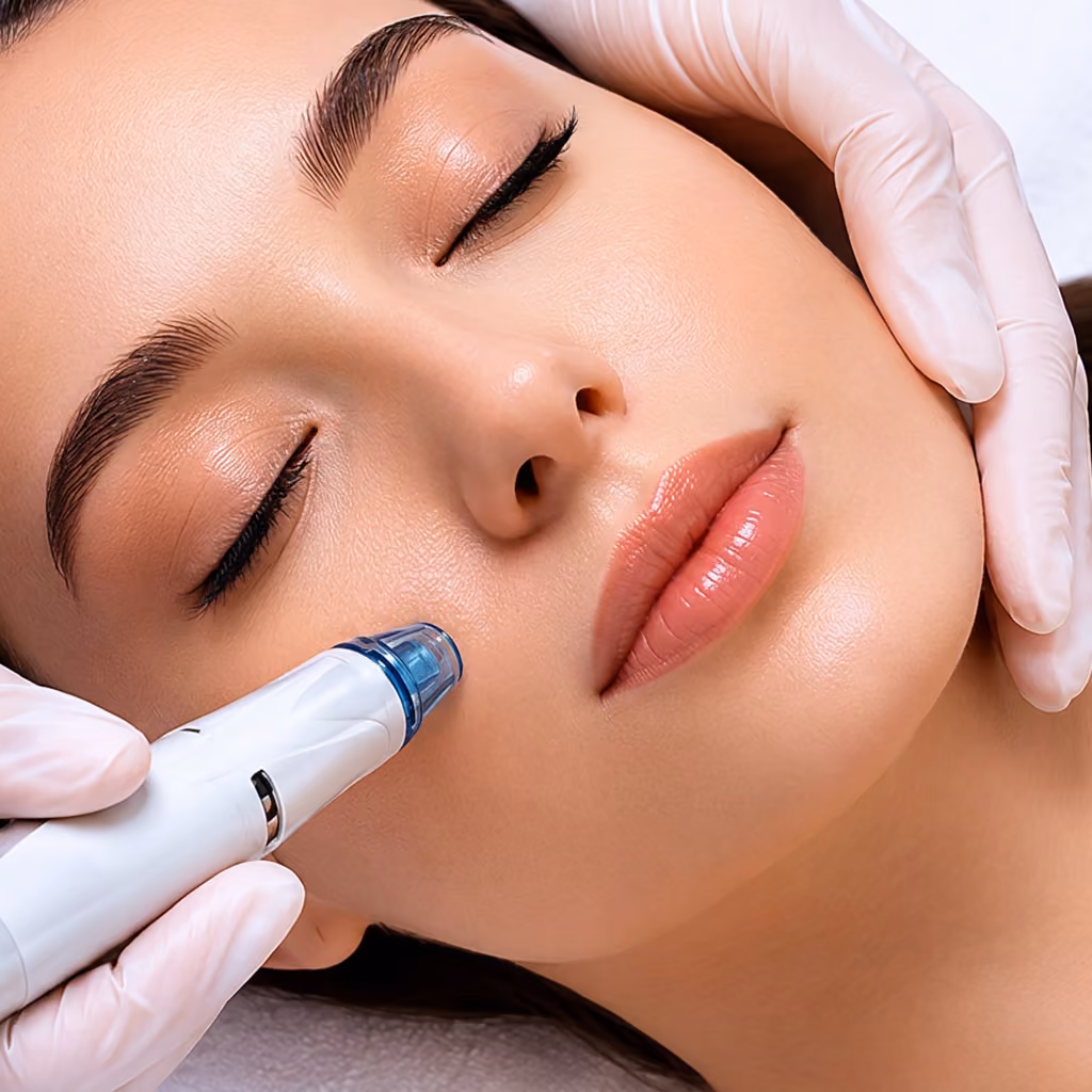 Behandlerin führt ein Microneedling-Gerät an der Wange einer entspannten Kundin durch