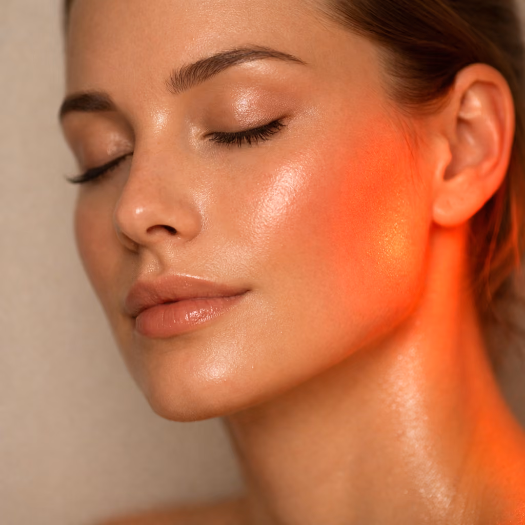 Frau mit geschlossenen Augen erhält eine LED-Lichttherapie an der Wange, HydraFacial Silber