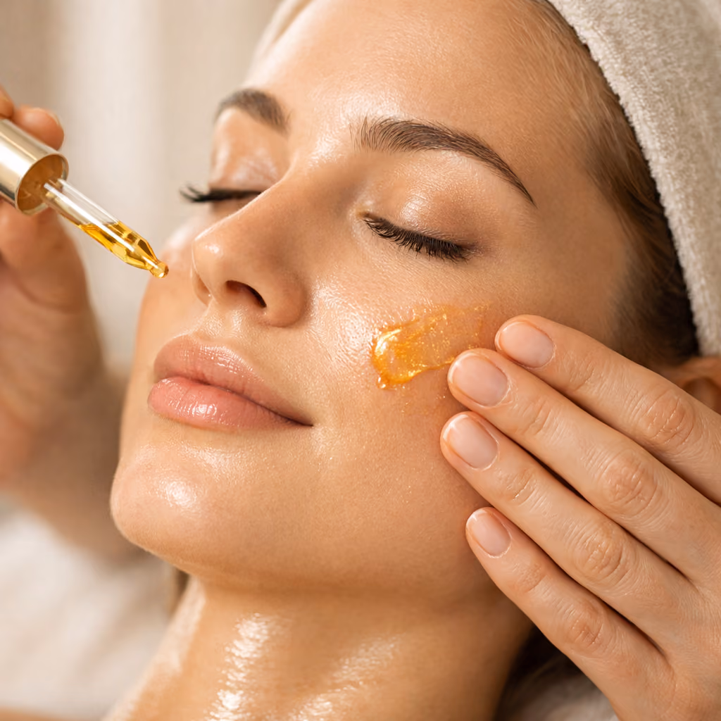 Goldenes Serum wird mit einer Pipette auf die Wange aufgetragen, HydraFacial-Gold-Behandlung