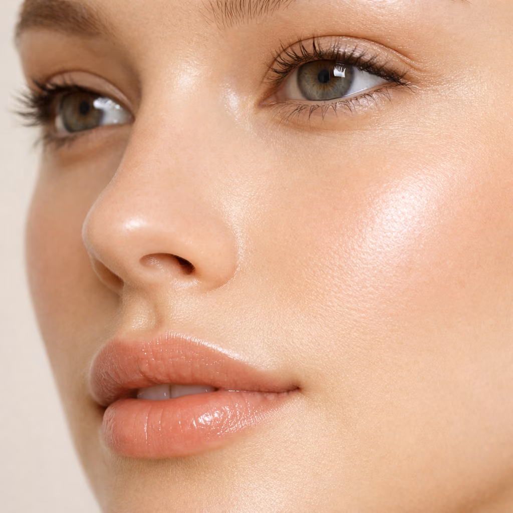 Nahaufnahme eines makellosen, strahlenden Gesichts nach einer HydraFacial-Zusatzbehandlung
