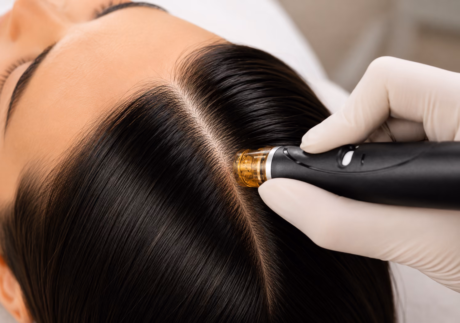 Behandlerin führt ein Microneedling-Gerät entlang des Haaransatzes zur Kopfhautbehandlung durch