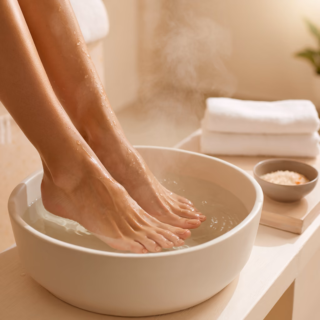 Füße in einer Schale mit dampfendem Wasser bei einem Ionic Detox Foot Spa, daneben Handtücher und Badesalz