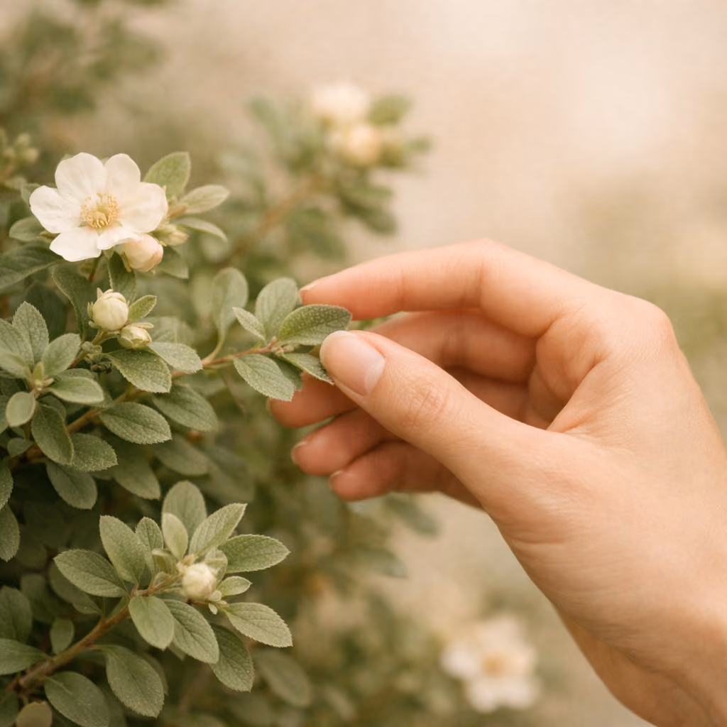 Hand berührt zarten Zweig mit weißen Blüten und silbrig-grünen Blättern
