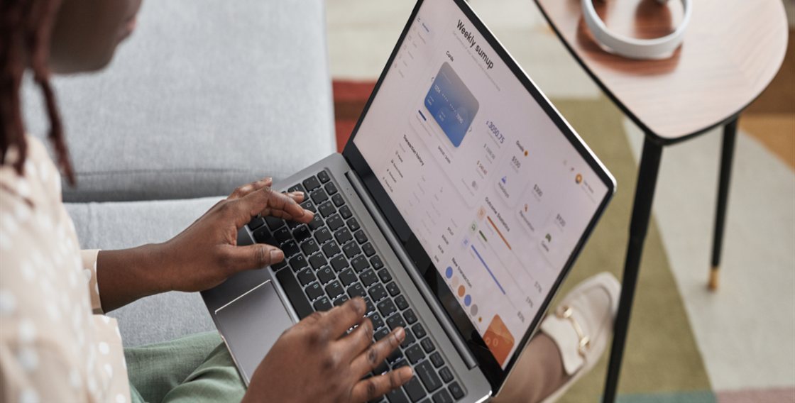 Person using a laptop to review banking data and analytics.