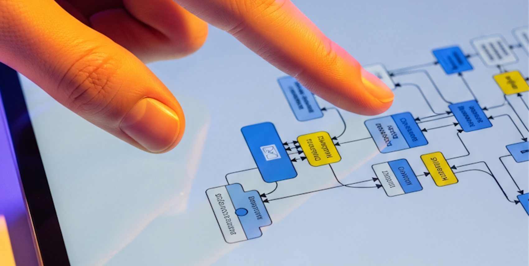 A finger tracing a process flow diagram on a tablet screen