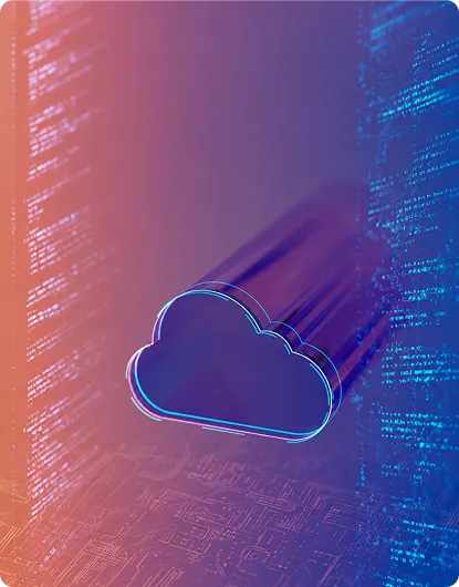 A glowing cloud symbol over a circuit-board pattern in red and blue