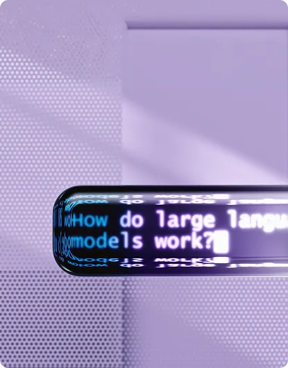 A phone screen reading "How do large language models work?" on a violet ground