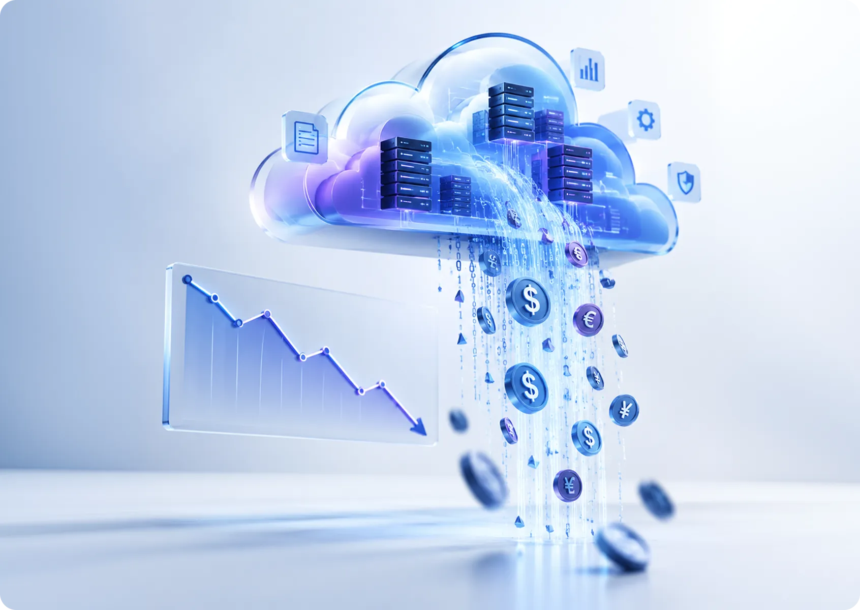 Cloud with server racks releasing currency coins beside a falling cost chart