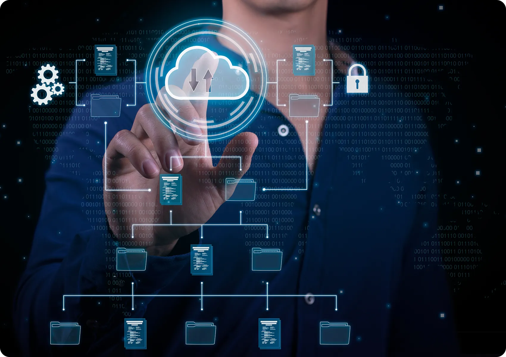 Cloud Unity Section image 2 (cloud network) Hand touching a cloud icon connected to a network of data folders and security controls
