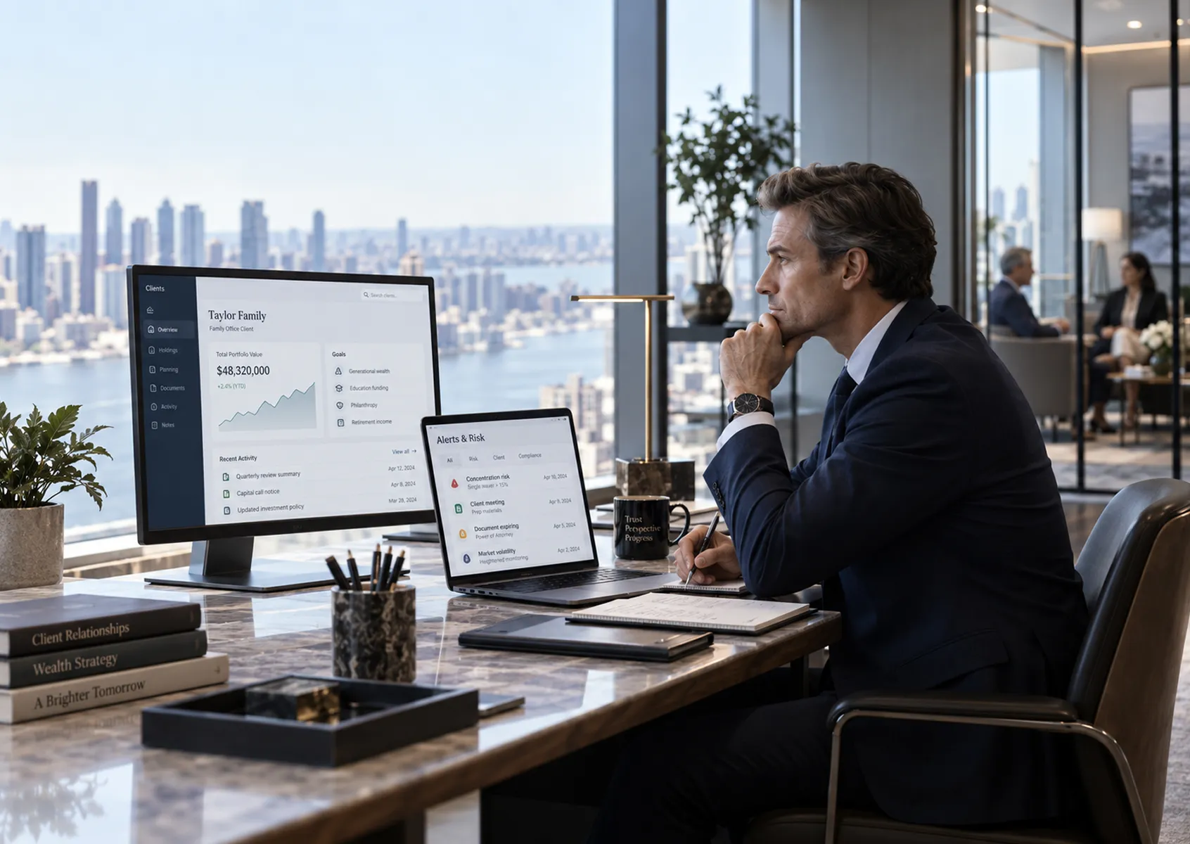 Relationship manager at his desk reviewing a client portfolio dashboard