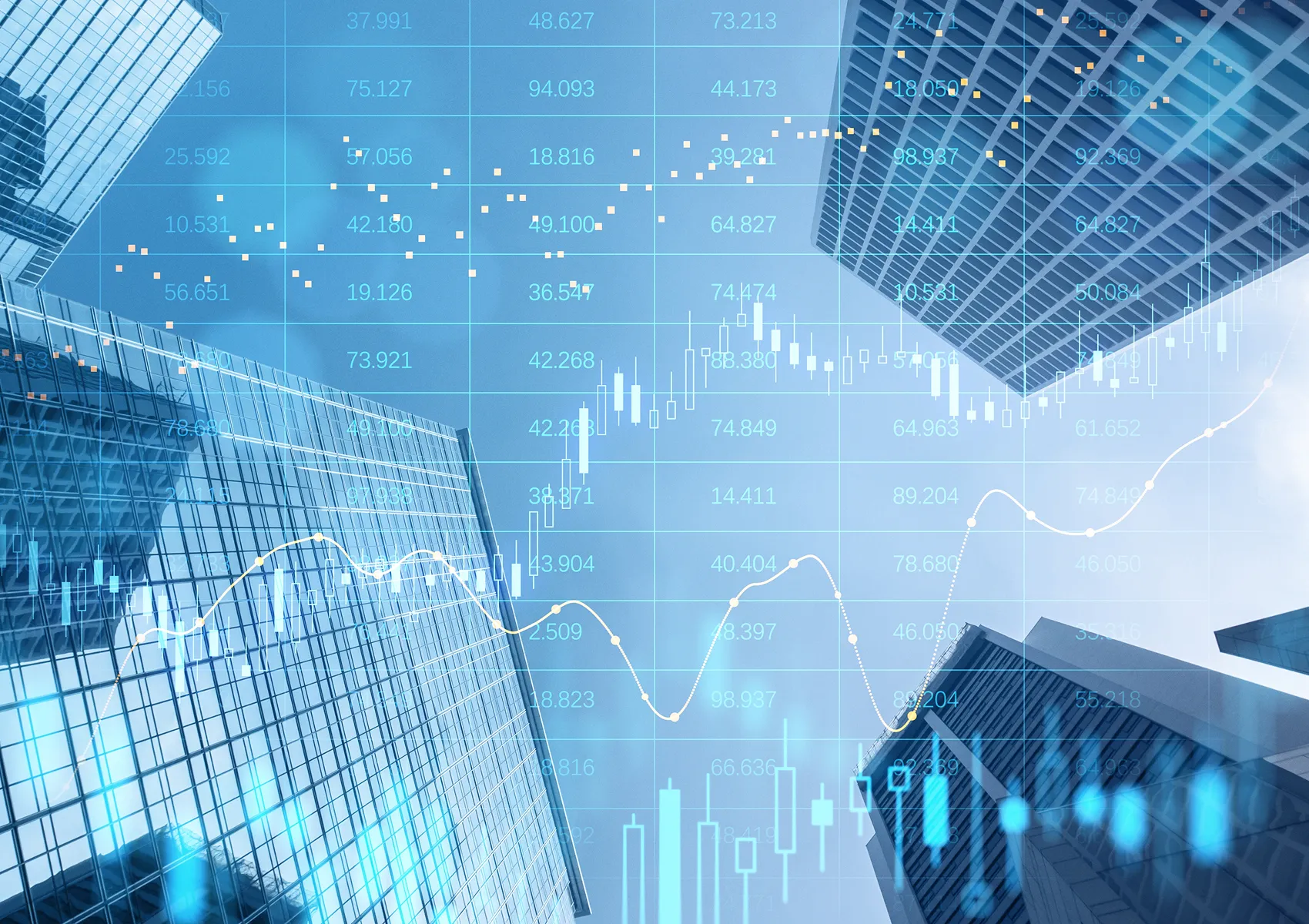 Reference Data Model Banking section image Glass skyscrapers overlaid with financial charts and market data