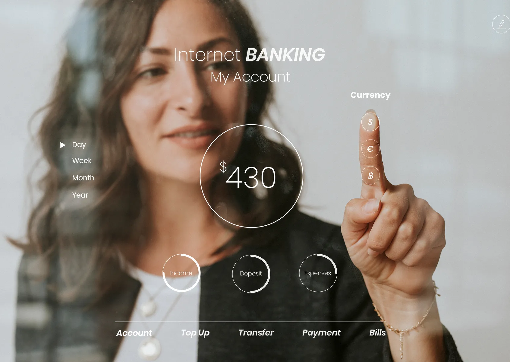 Woman using a transparent digital banking interface showing an account balance and payment options