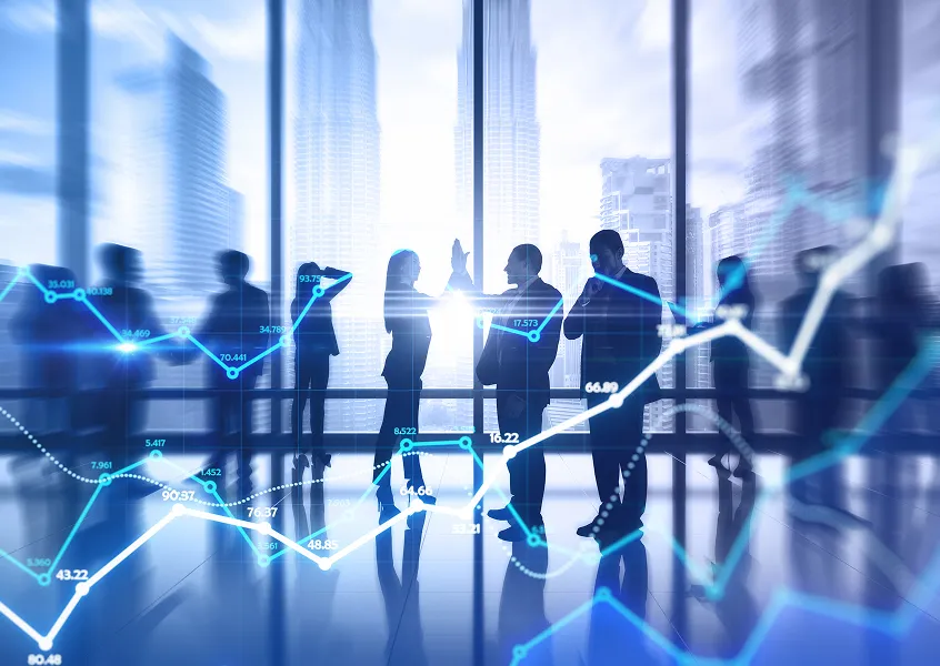Business team in a glass office overlaid with rising performance charts