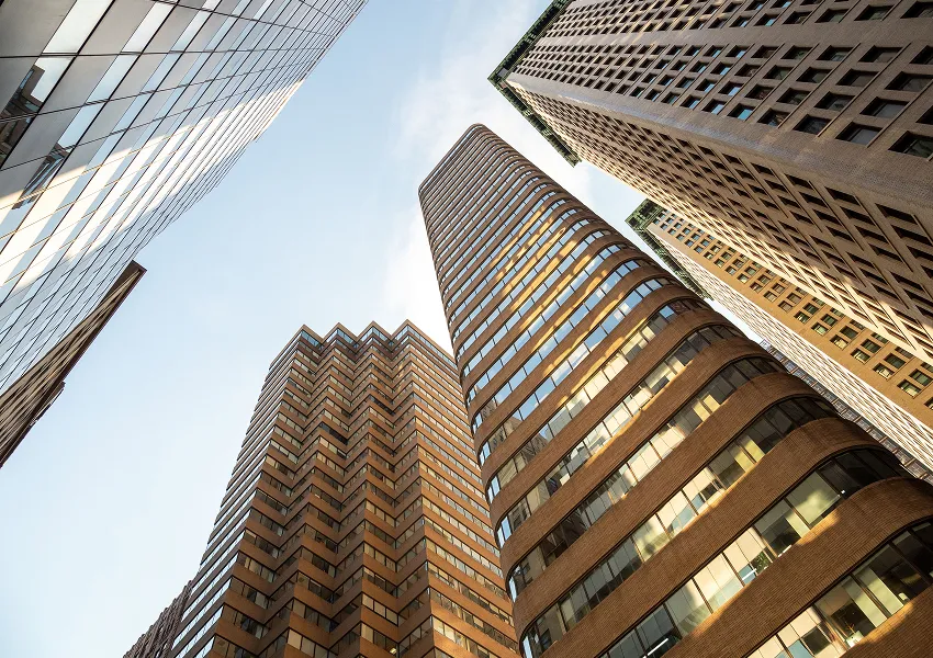 Modern financial district buildings representing banking and finance.