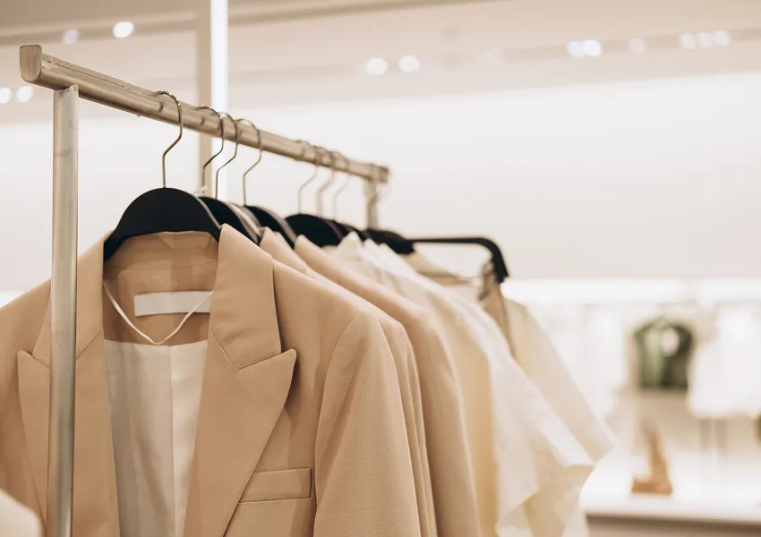 Retail clothing display with garments arranged on a store rack