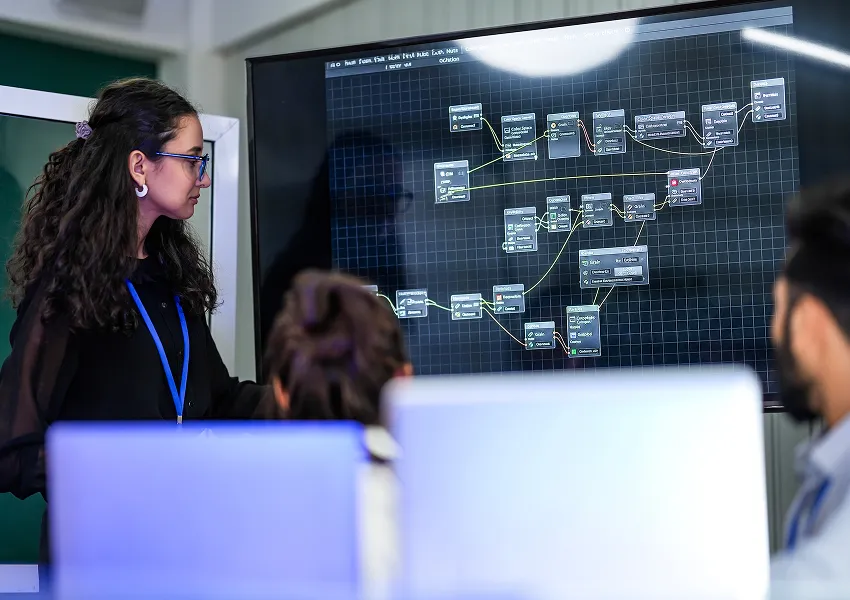 Team reviewing a data architecture diagram on a large display during a meeting