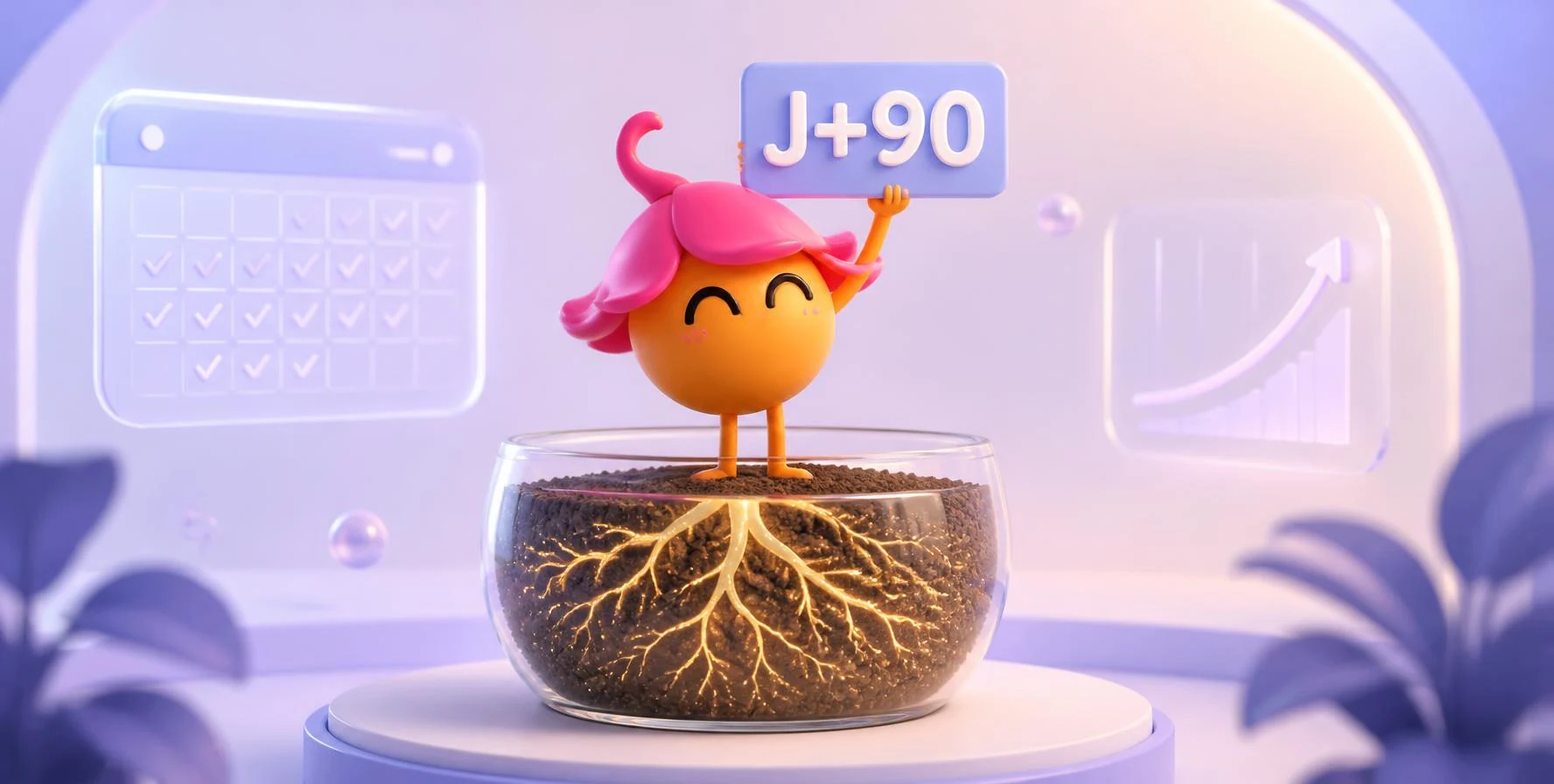 Seed, la mascotte Sinéa, planté dans un pot de verre où ses racines dorées se déploient, avec un panneau J+90