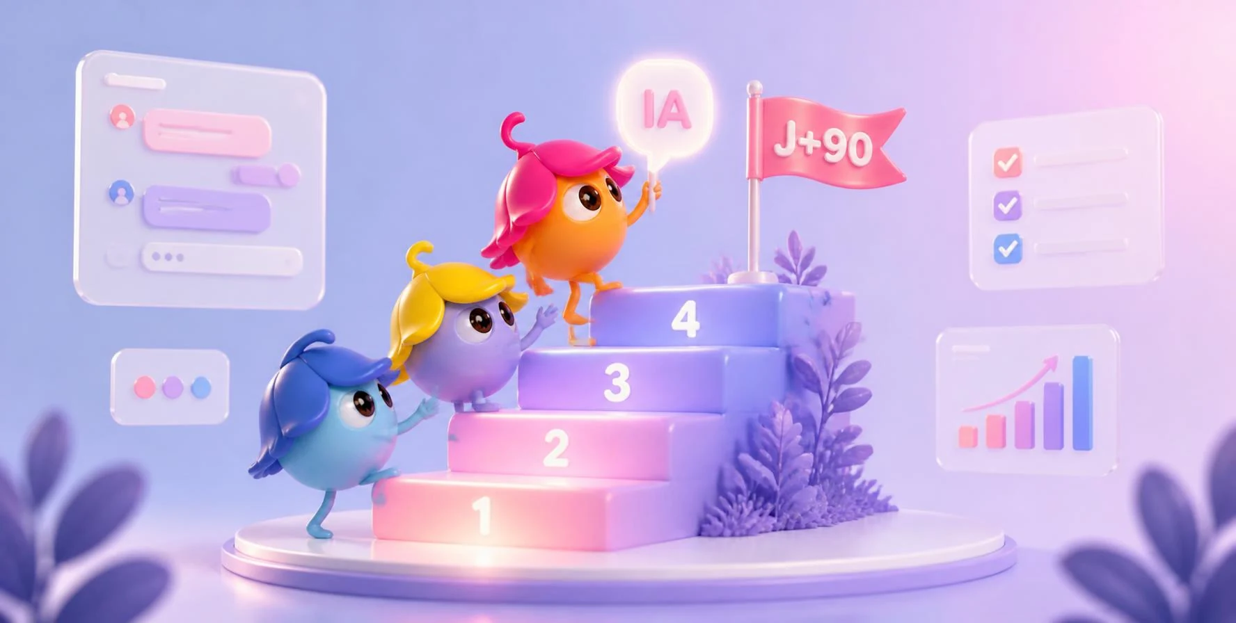 Seed et ses deux compagnons gravissent quatre marches vers un drapeau J+90, Seed tenant une bulle IA