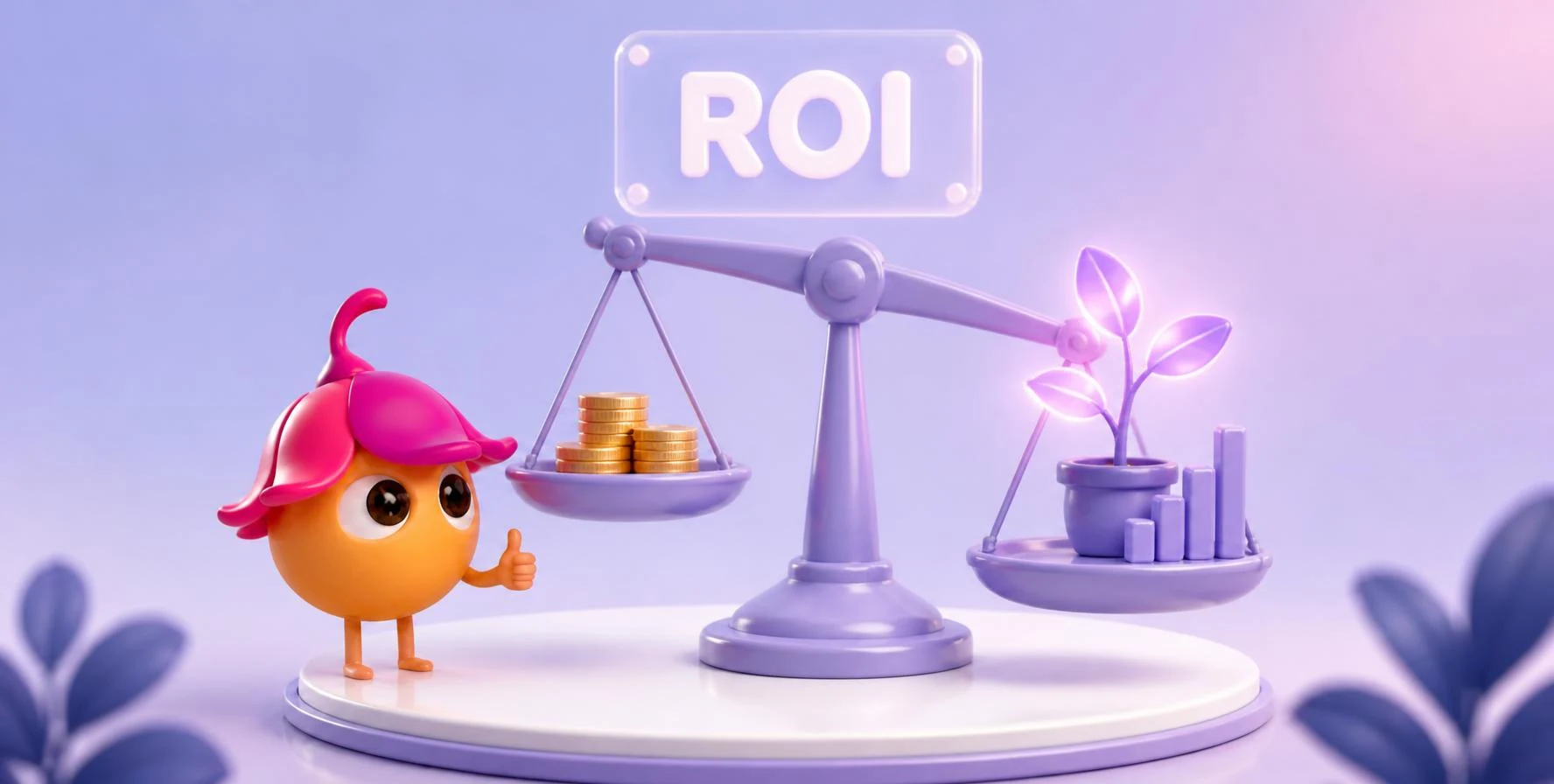 Seed lève le pouce devant une balance qui penche vers une jeune pousse et une courbe de résultats, sous le mot ROI