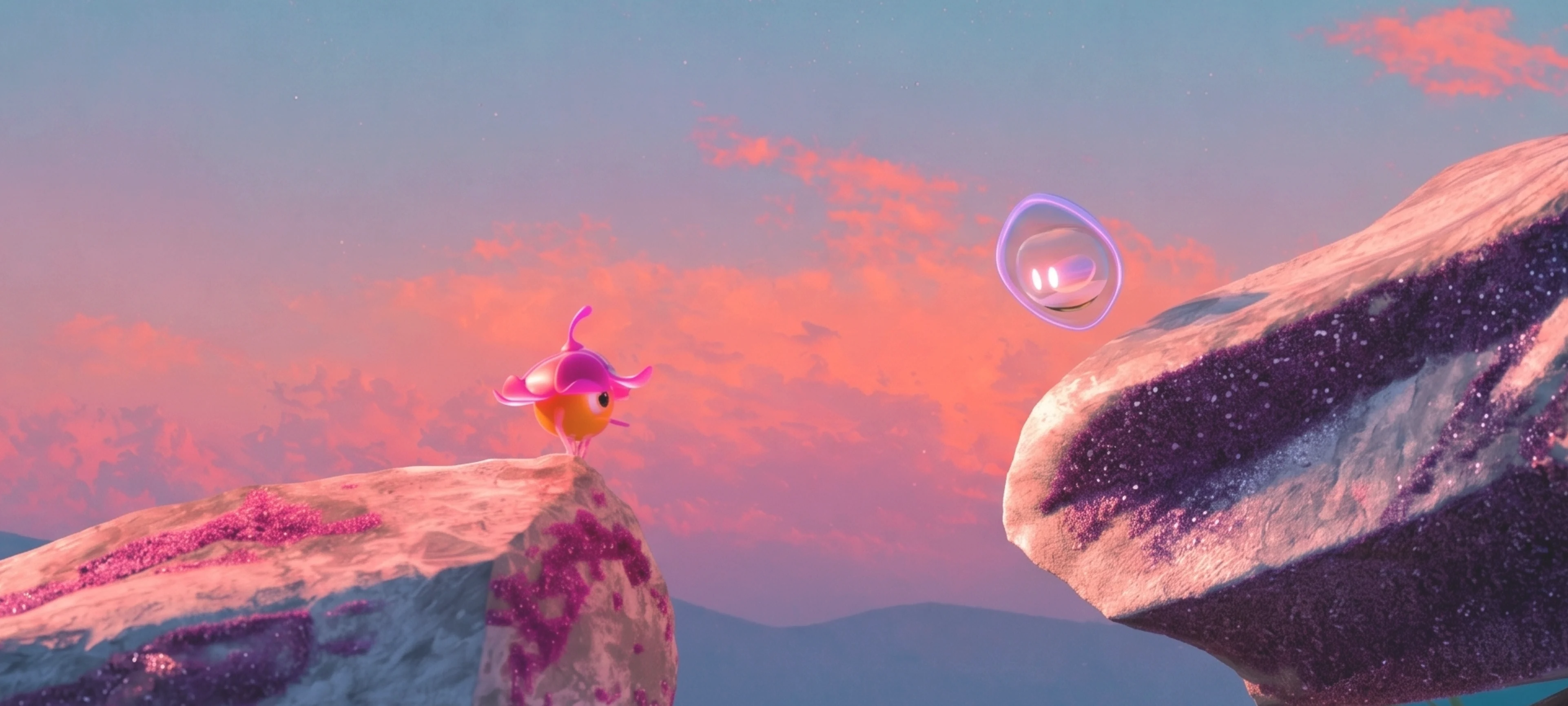 Seed debout sur un rocher face à un ciel de coucher de soleil, une bulle flottant vers le rocher voisin