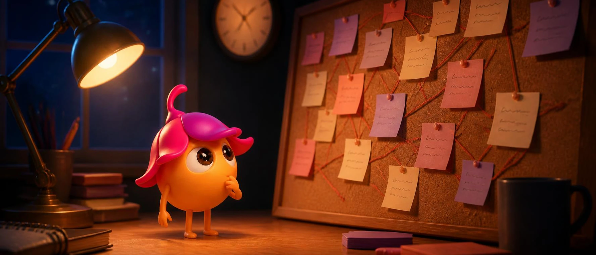 Seed, la mascotte Sinéa, relit le soir un tableau de liège couvert de notes reliées entre elles, sous la lumière d'une lampe de bureau.