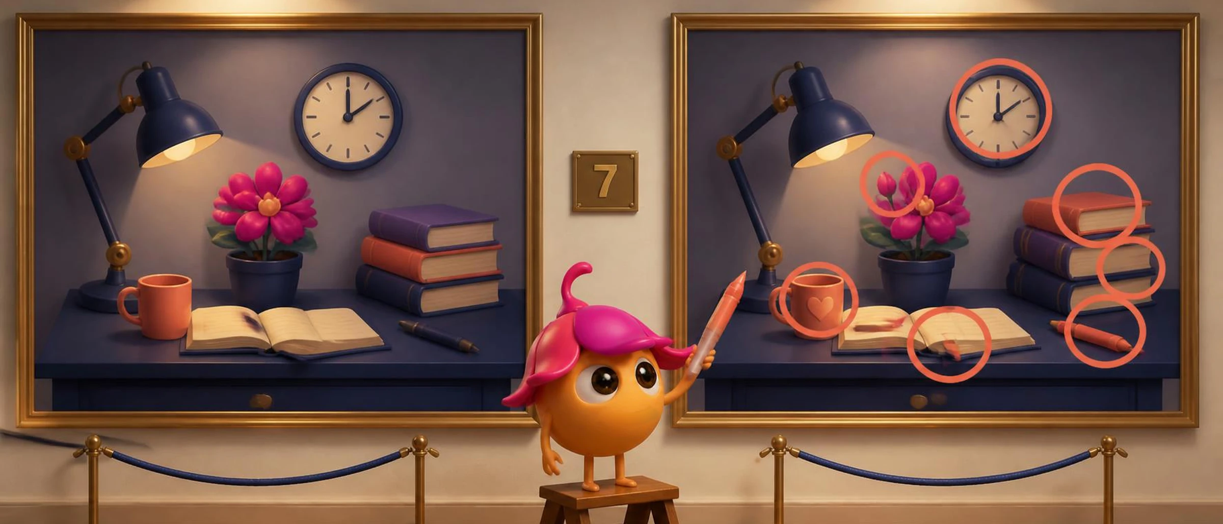 Seed, la mascotte Sinéa, entoure les sept différences entre deux tableaux presque identiques, sous une plaque marquée 7.