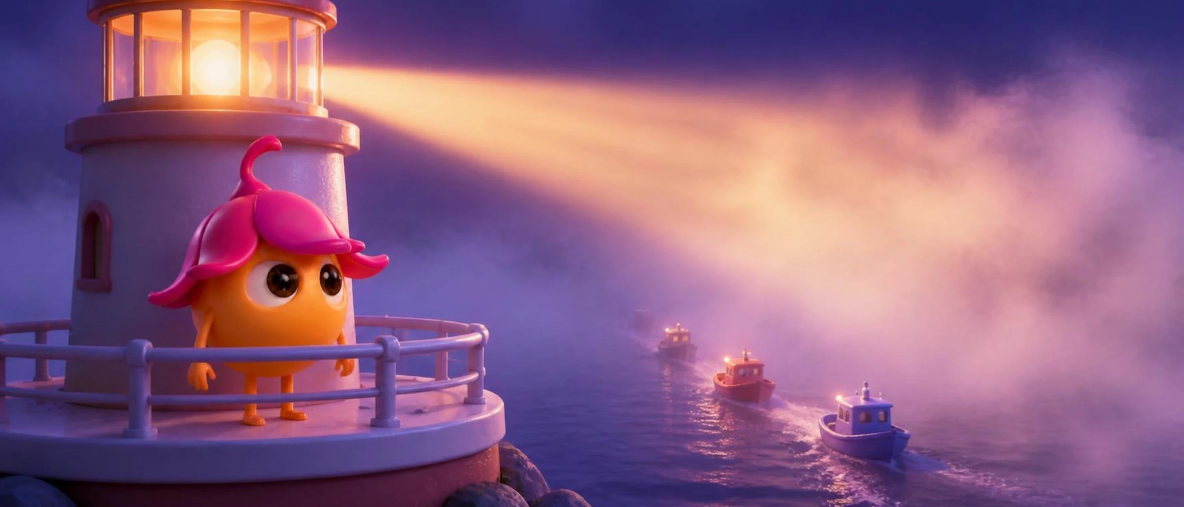 Seed, la mascotte Sinéa, veille au sommet d'un phare dont le faisceau guide des bateaux à travers la brume.