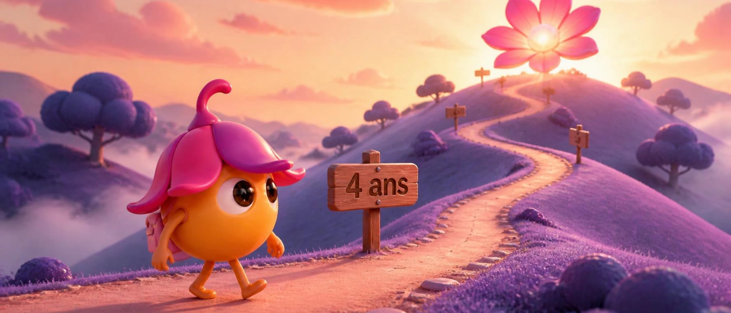 Seed, la mascotte Sinéa, avance sur un chemin qui mène à une grande fleur au sommet de la colline, devant un panneau marqué 4 ans.