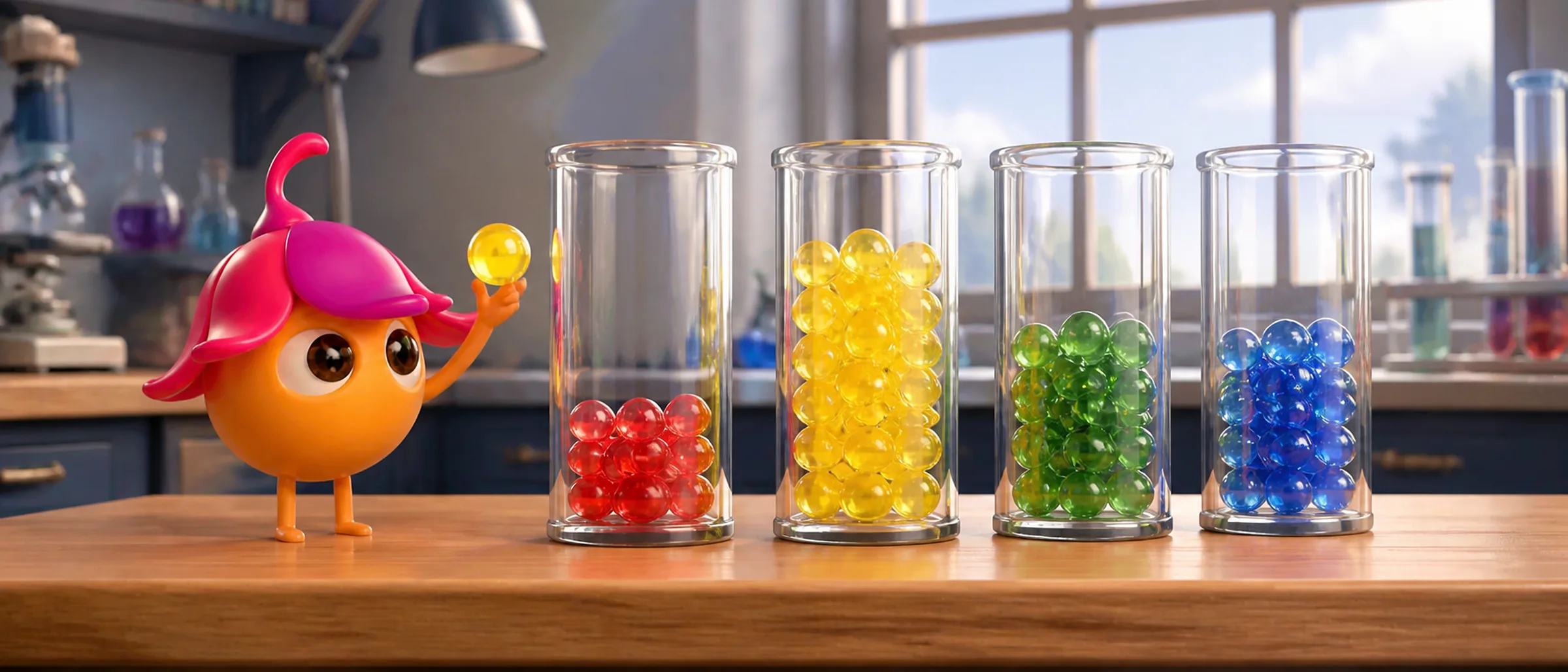 Seed, la mascotte Sinéa, devant quatre colonnes de verre de hauteurs différentes qui figurent les styles DISC