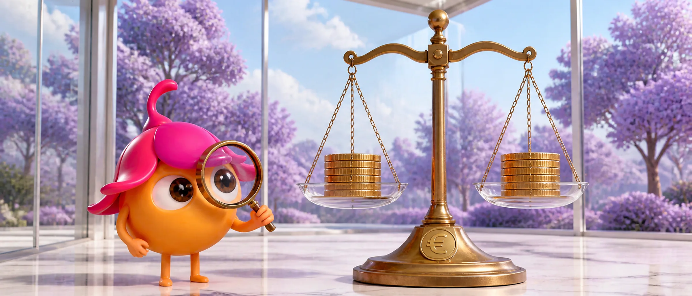 Seed, la mascotte Sinéa, à côté d’une balance en verre qui porte deux piles de pièces de même hauteur