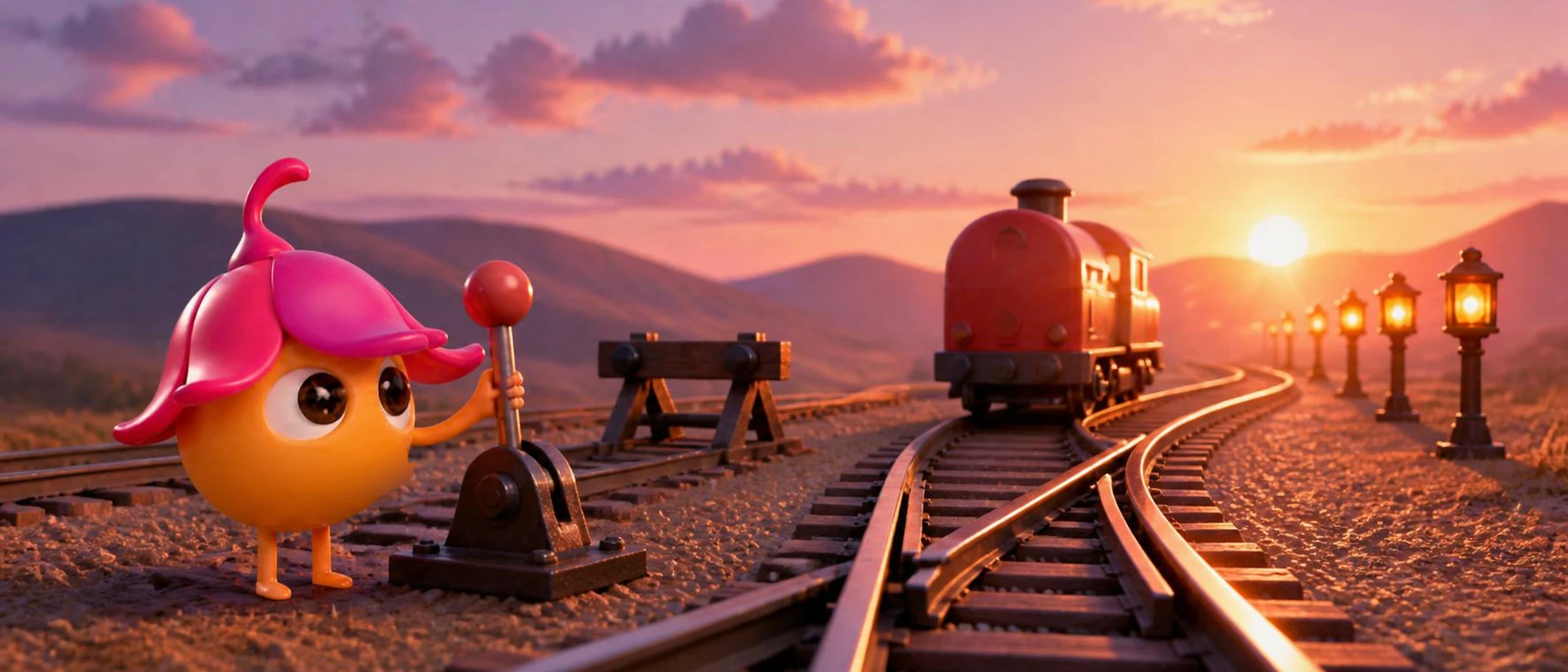 Seed, la mascotte Sinéa, actionne un levier d’aiguillage pour orienter un train au coucher du soleil