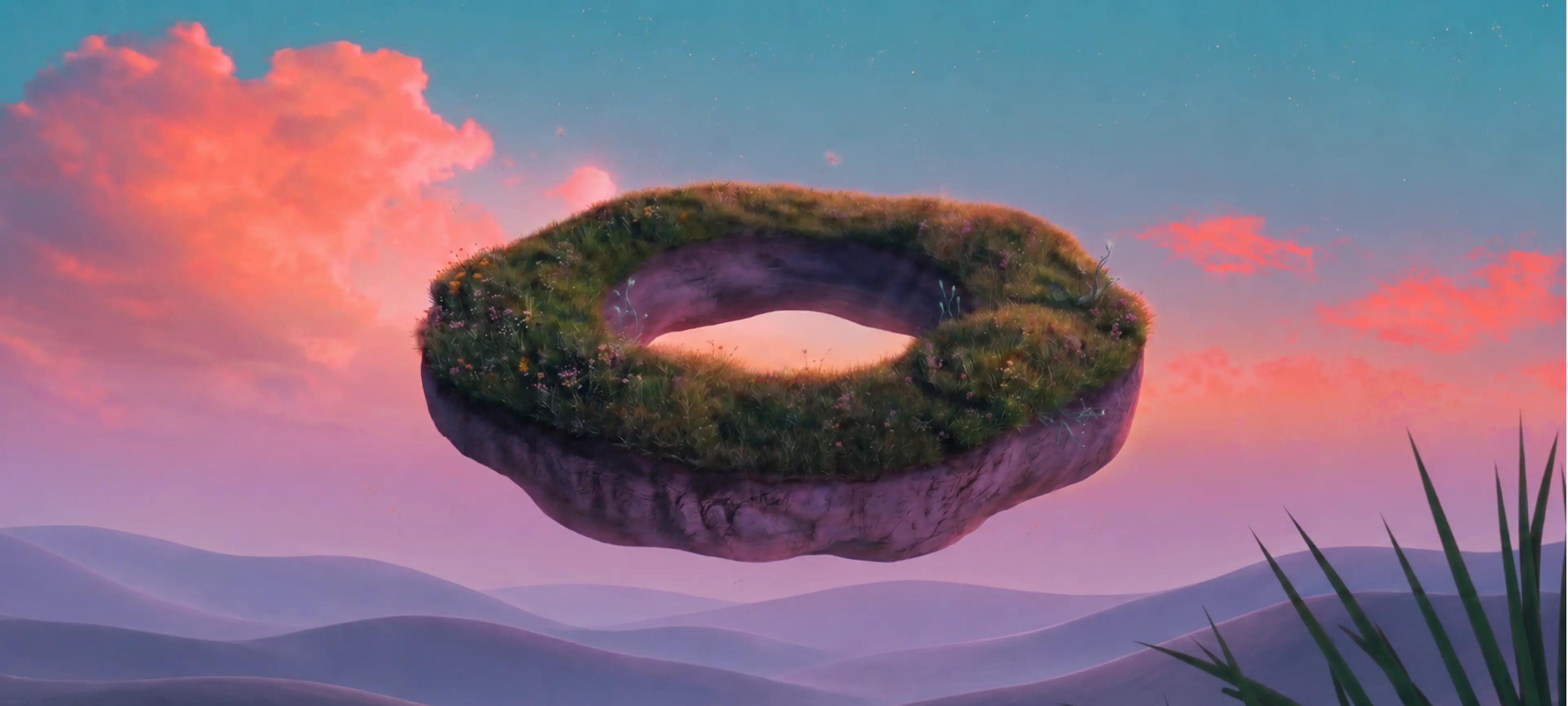 Îlot de mousse en forme d’anneau qui flotte au-dessus de collines violettes, sous un ciel de coucher de soleil