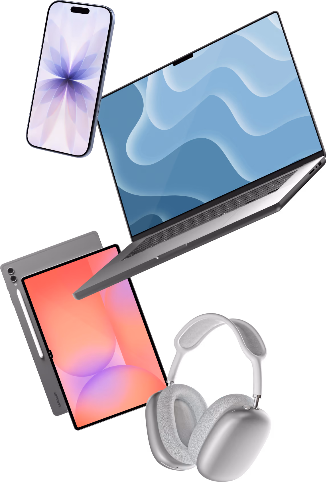 Smartphone, laptop, tablet with stylus, and over-ear headphones floating on a black background.