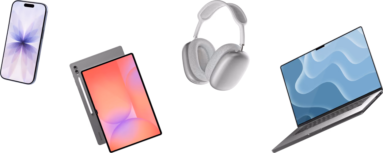 Floating smartphone, tablet with stylus, wireless headphones, and laptop with blue abstract screen.