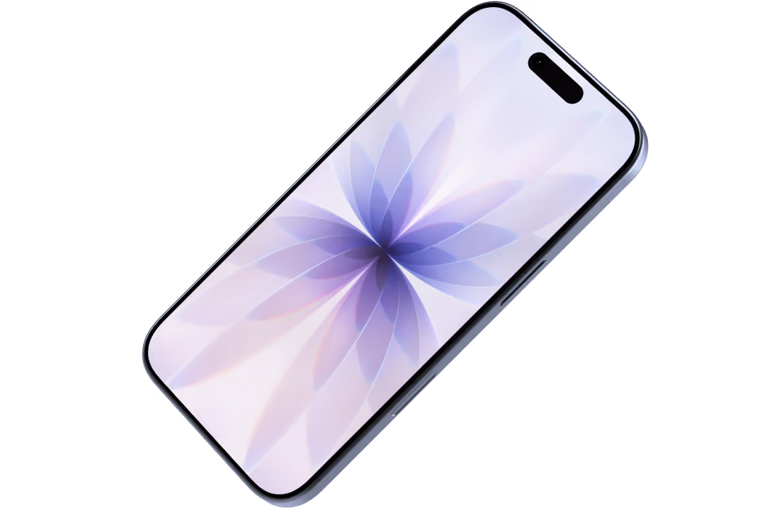 Smartphone with slim bezels showing a purple flower-like digital wallpaper on its screen.