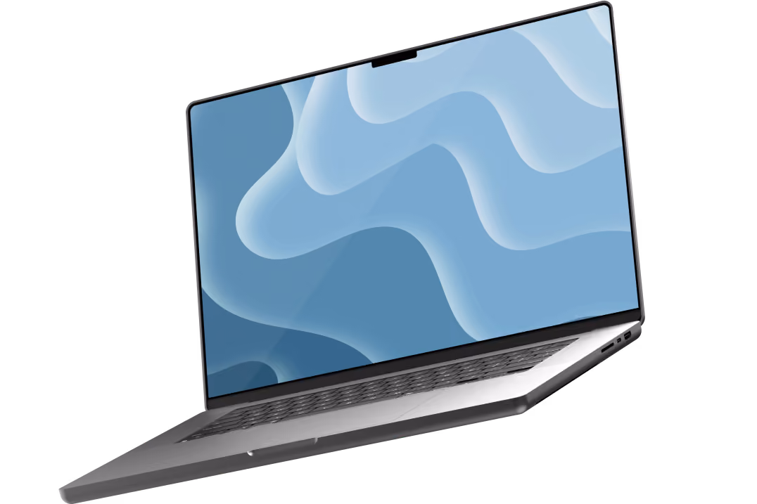 Silver laptop with a blue abstract wavy pattern on the screen, viewed from a low angle.