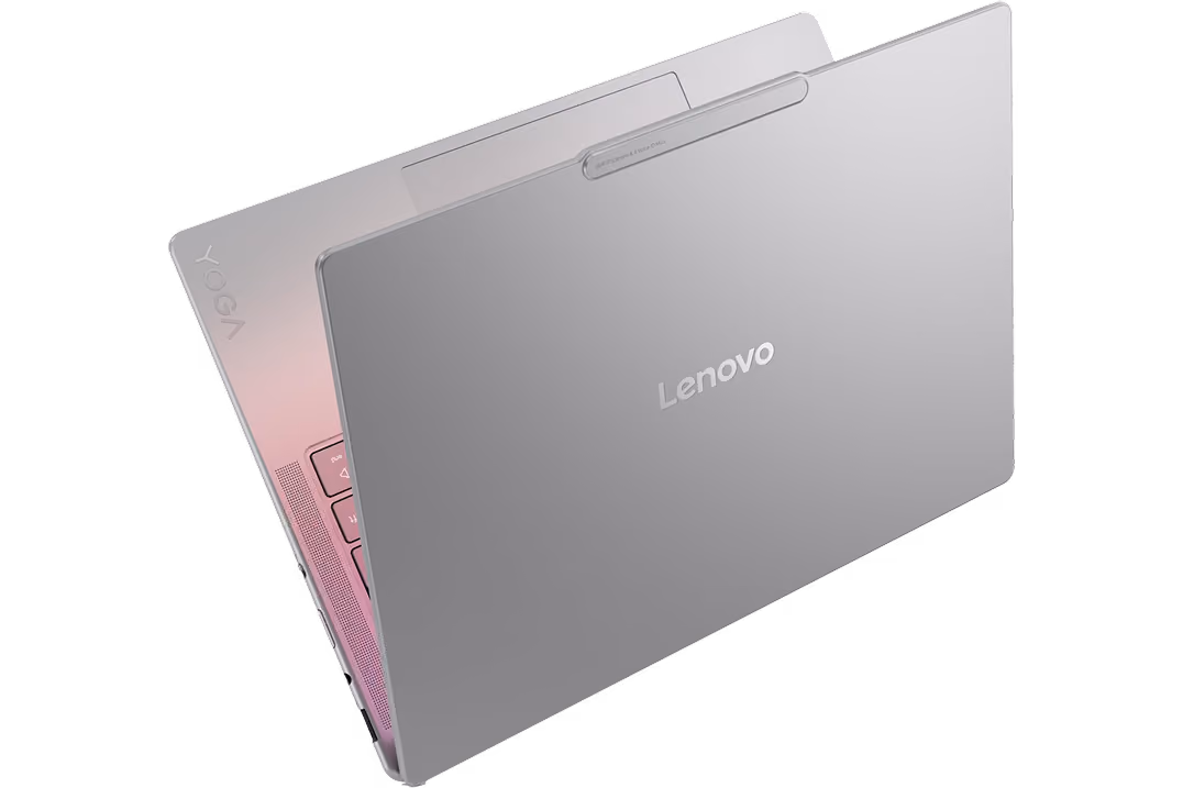 Silver Lenovo Yoga laptop partially open, showing the keyboard and Lenovo logo on the lid.