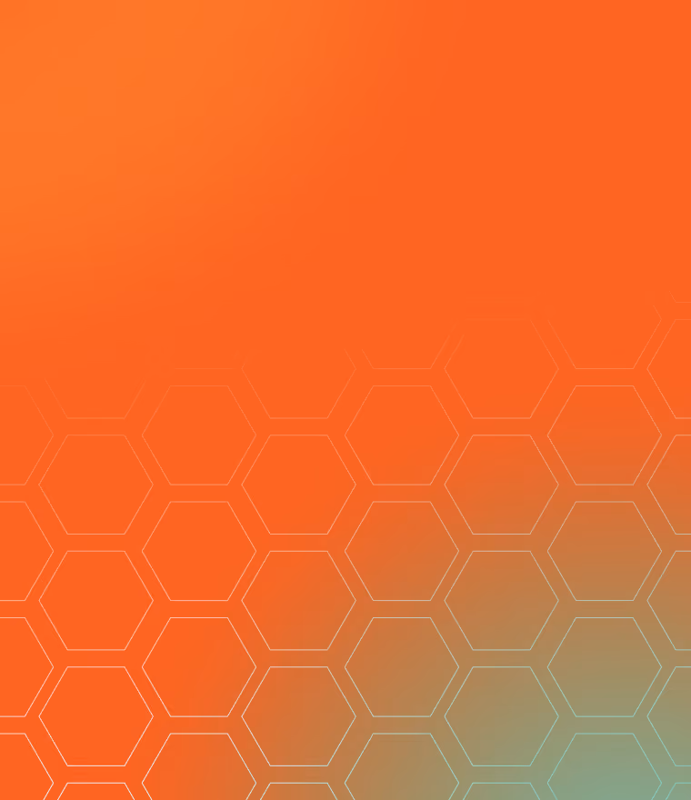 Orange and teal gradient background with faint hexagonal pattern overlay.