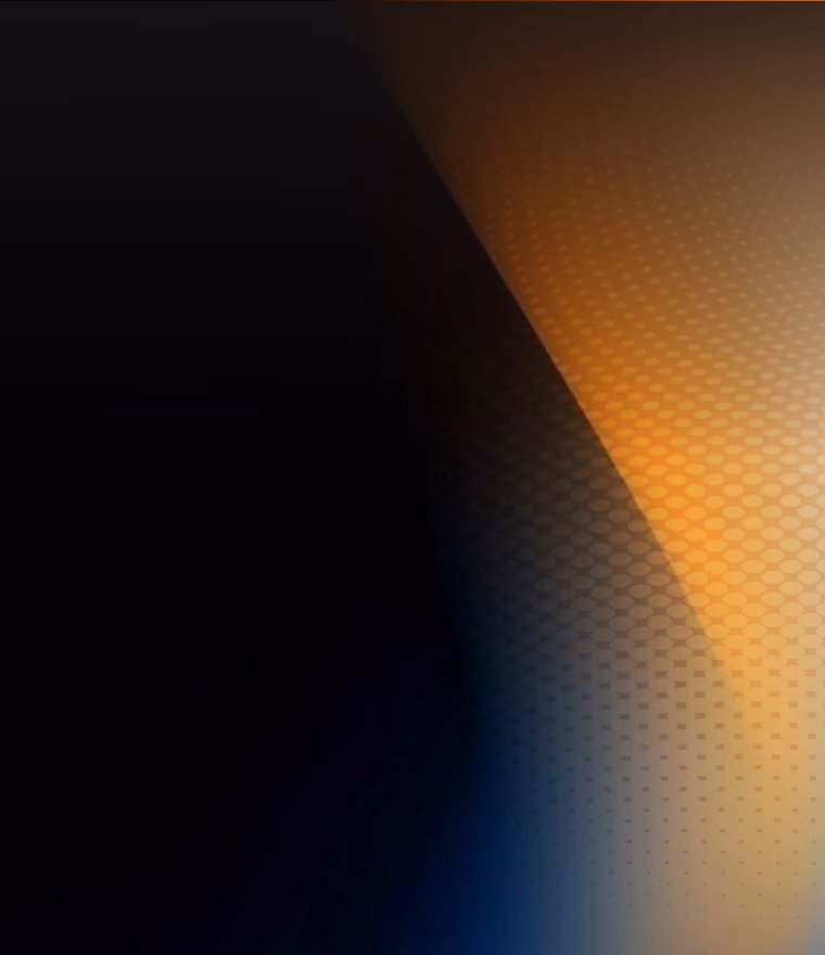 Abstract gradient background with black, blue, and orange curved shapes and a honeycomb pattern.