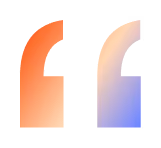 Stylized quotation mark graphic in gradient orange and blue colors on a dark background.