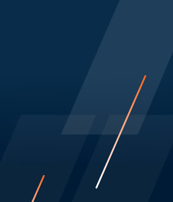 Abstract dark blue background with translucent geometric shapes and diagonal orange and white lines.