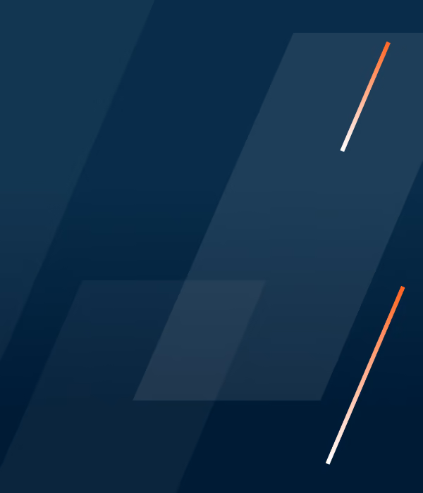 Abstract dark blue background with translucent rectangles and two diagonal orange-to-white lines.