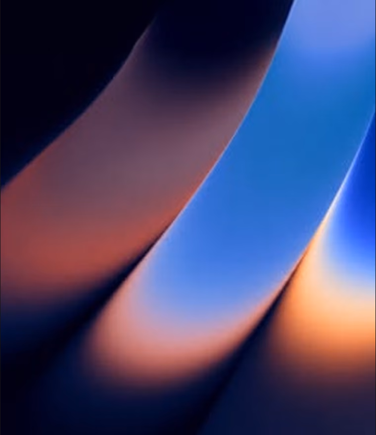 Abstract image with smooth gradient shapes in dark blue, light blue, and orange hues.