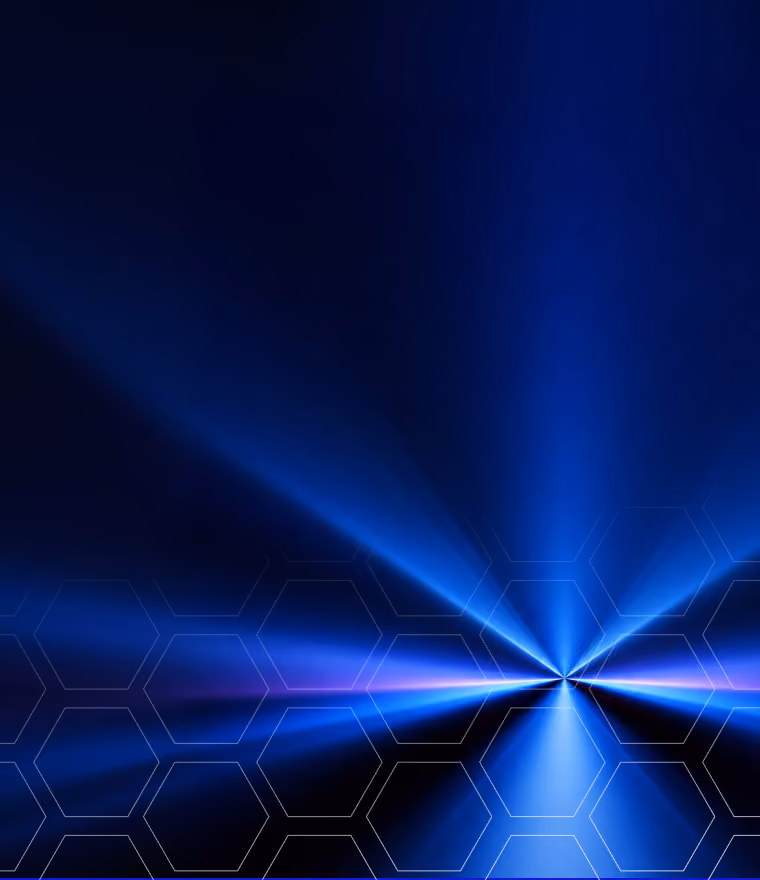 Abstract blue light beams converging in the center with faint hexagonal patterns overlay.