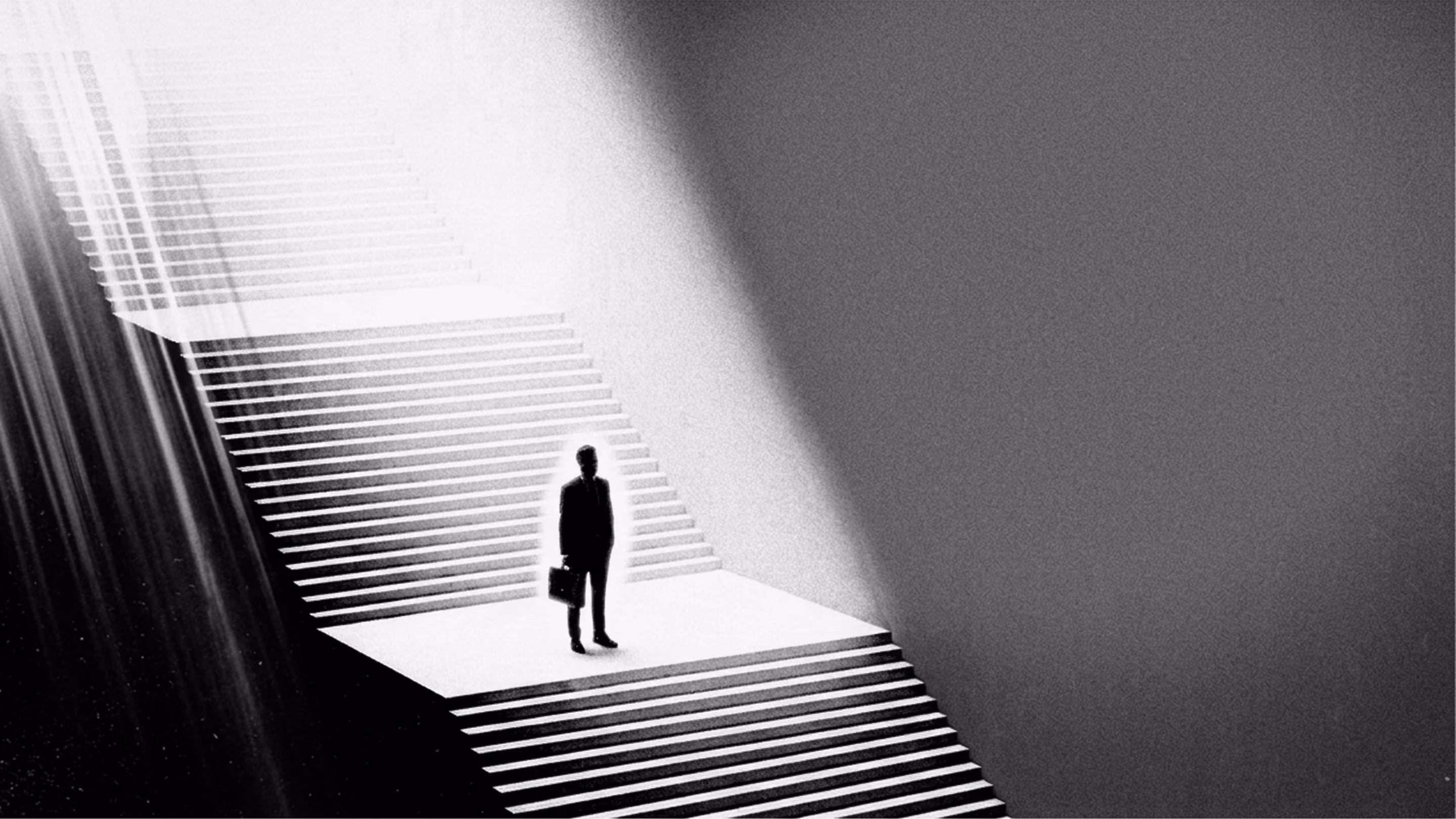 Silhouette of a person with briefcase standing on illuminated stair platform surrounded by darkness.