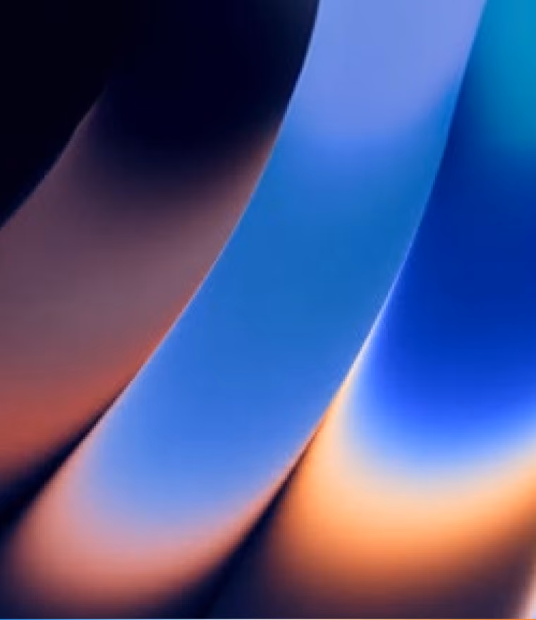 Abstract close-up of smooth, curved shapes with gradient shades of blue, black, and orange.