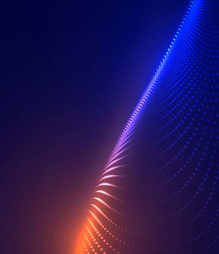 Curved wave of glowing dots in gradient orange, pink, and blue on dark background.