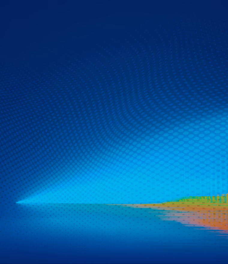Abstract blue background with gradient hexagonal patterns and a colorful streak on right side.
